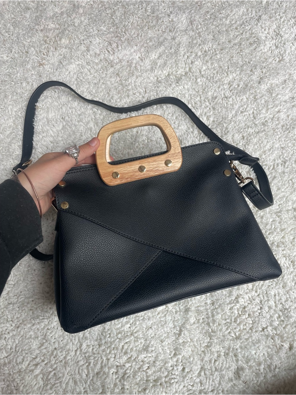 Black Faux Leather handbag with Wood Handle